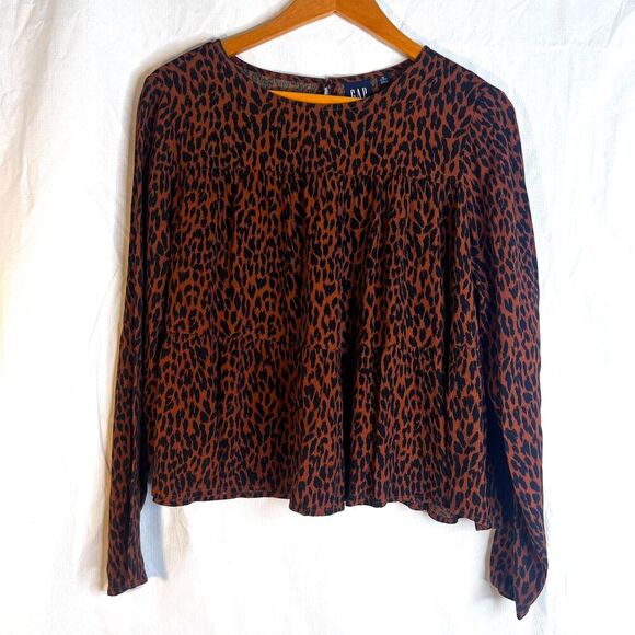 GAP Brown Black Animal Print Ruffled Aline Cropped Blouse Size Medium Petite - Picture 4 of 8